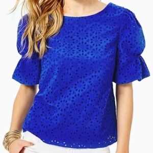 Lilly Pulitzer Shaila Eyelet Lace Top Blouse Puff Sleeve Baha Blue